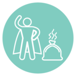 White icon of superhero taking out stinky trash bag on light blue background