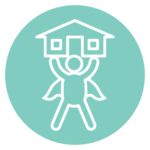 White icon of superhero holding up a house on a light blue background