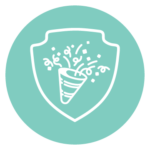 White icon of a horn blowing confetti outlined by a badge on a light blue background