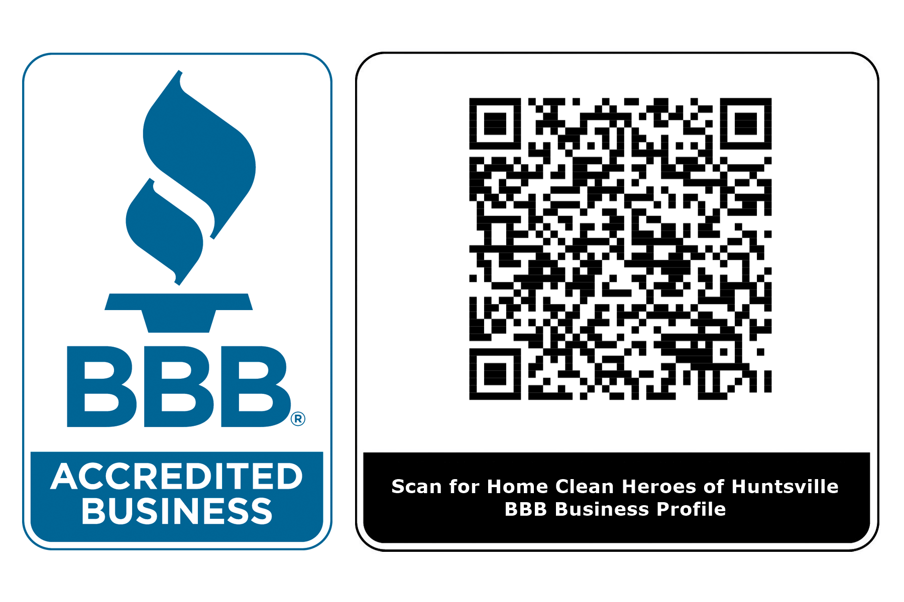 Logo for Better Business Bureau and the QR code to learn more about Home Clean Heroes of Huntsville