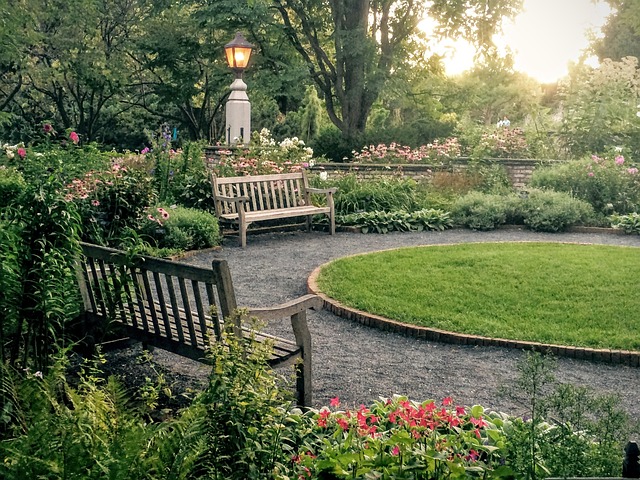 Benches and flowers in Morris Arboretum in Wynnewood