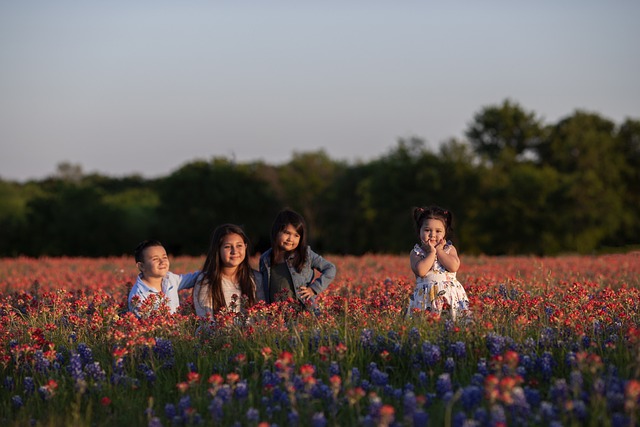 Four kids in a bluebonnet meadow in Allen, Texas