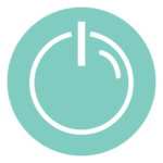 White icon that's a power symbol but also a bubble on a light blue background