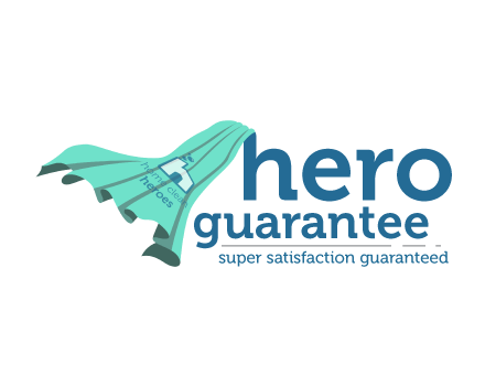 Hero Guarantee logo in blue letters with a Home Clean Heroes cape hanging off of a letter