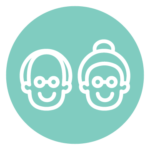 White icon of an old couple smiling on a light blue background