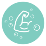 White icon of muscle with soap bubbles on light blue background