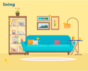 Living room graphic with sparkles on different areas that are cleaned