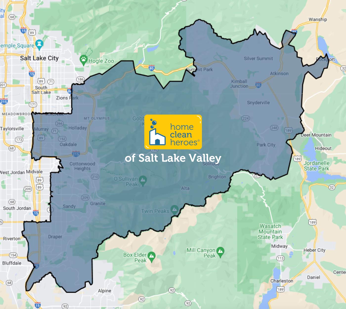 Map highlighting the area that Home Clean Heroes of Salt Lake Valley services