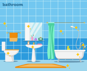 Graphic of a bathroom with sparkles on all the different places that will be cleaned
