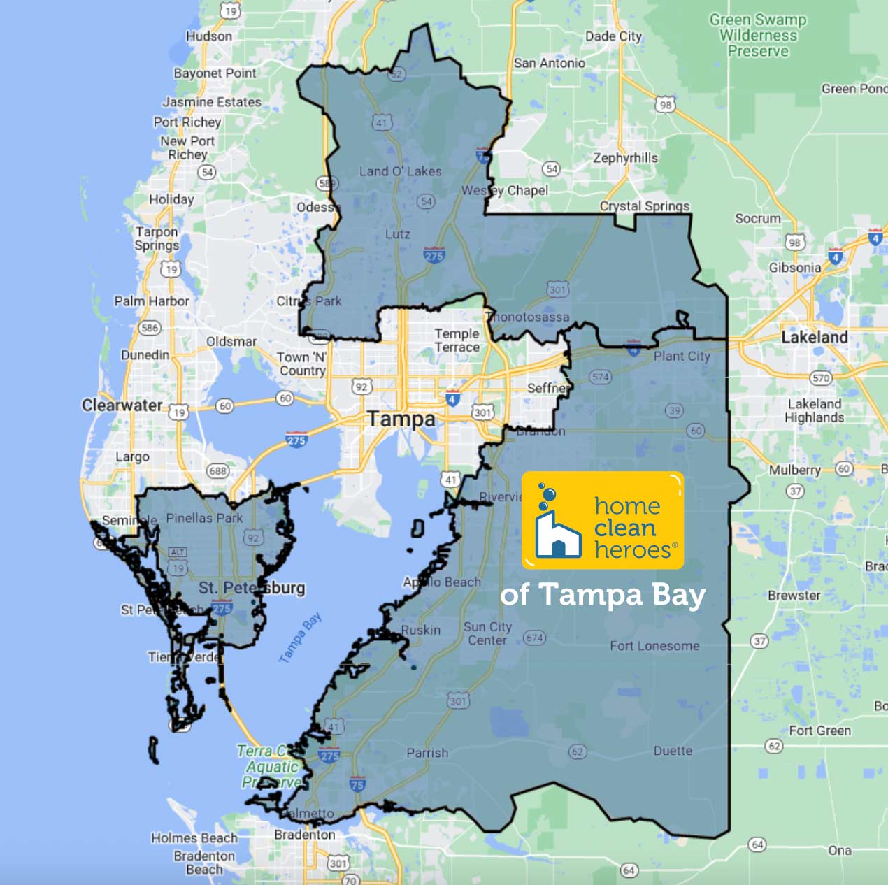 Map highlighting the area that Home Clean Heroes of Tampa Bay services