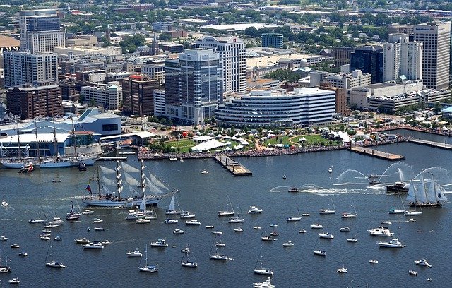 Aerial view of downtown Norfolk during Harborfest festival