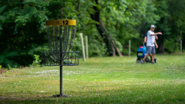 Man throwing a disc to a disc golf basket at Bayville Farms Park