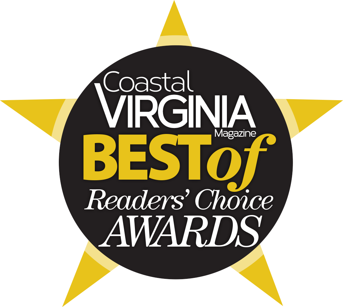 Accolade for Coastal Virginia Magazine Reader's Choice Awards with gold letters in black circle and gold star in background