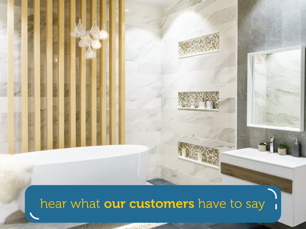 Clean bathroom with a graphic highlighting customer testimonials
