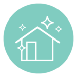 White icon of house that is sparkling, with diamonds around it on a light blue background