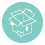 White icon of a moving box on a light blue background
