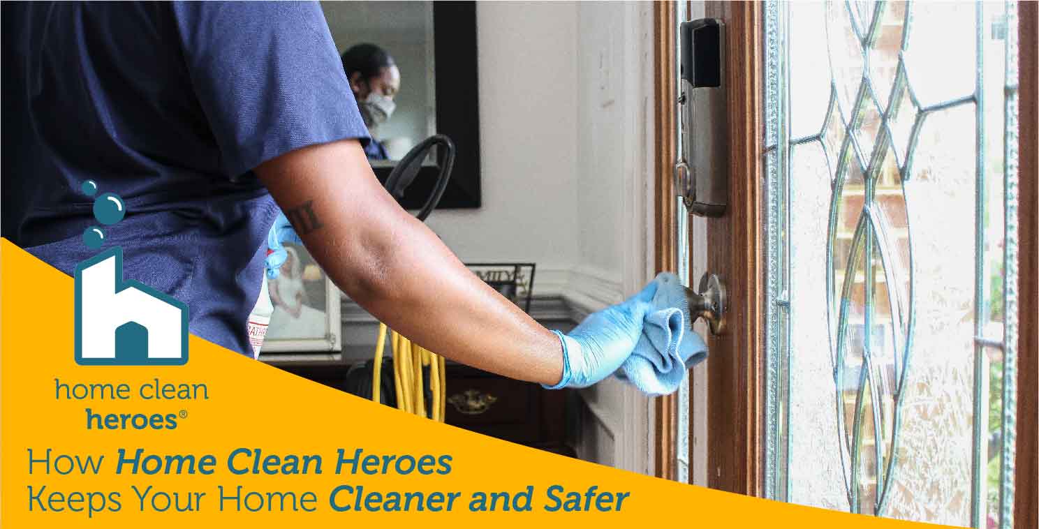 House cleaner using gloves and EPA approved disinfectant to safely clean homes