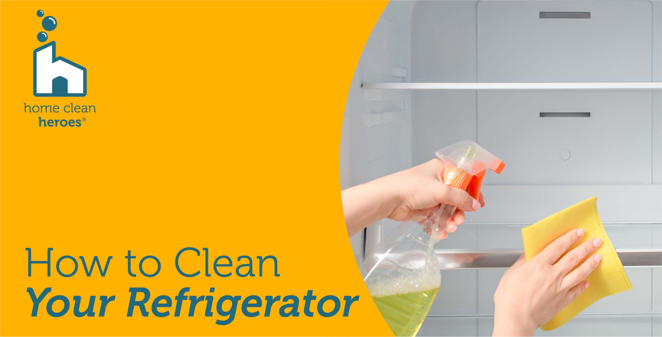 Wiping down a fridge with cleaner and a sponge